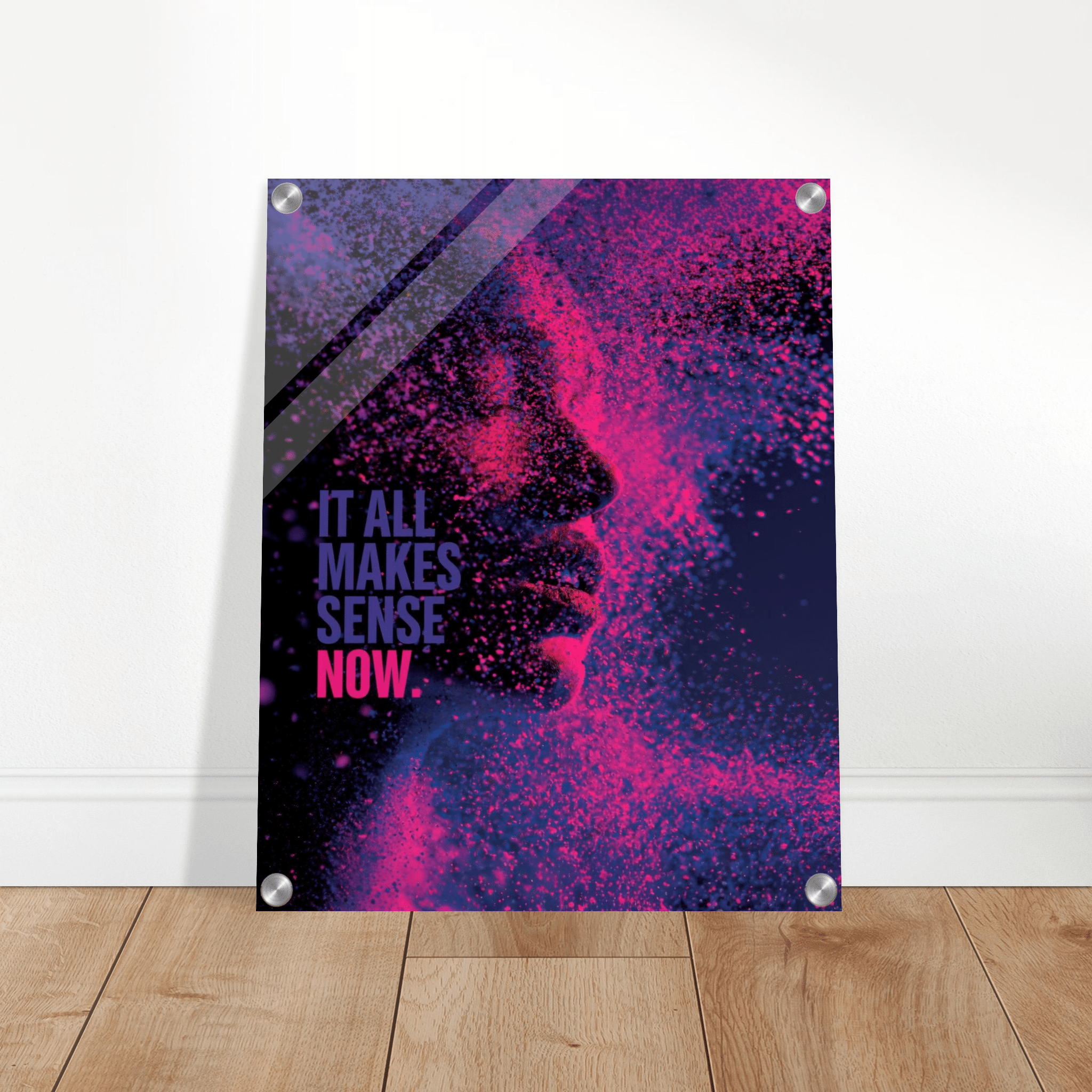 Vibrant pink and purple acrylic print featuring a woman who is late diagnosed neurodivergent.