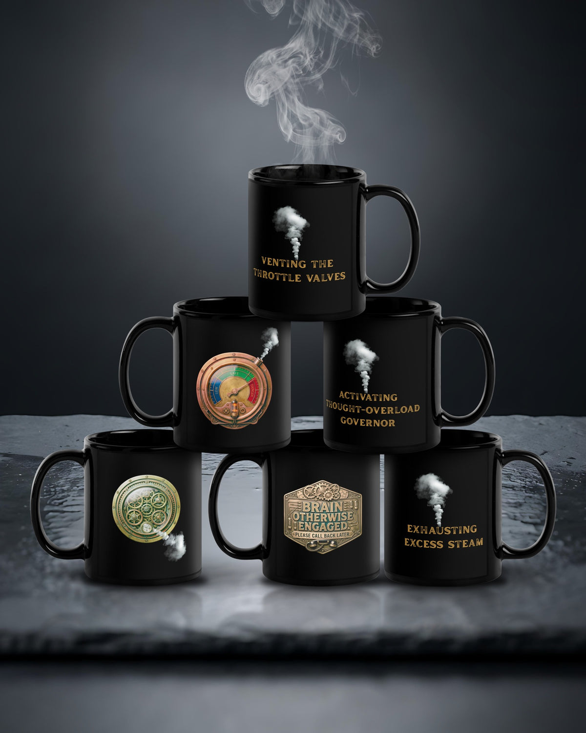 Six Wonderfully Wired steampunk mugs stacked in a pyramid on wet slate, steam rising from the top mug