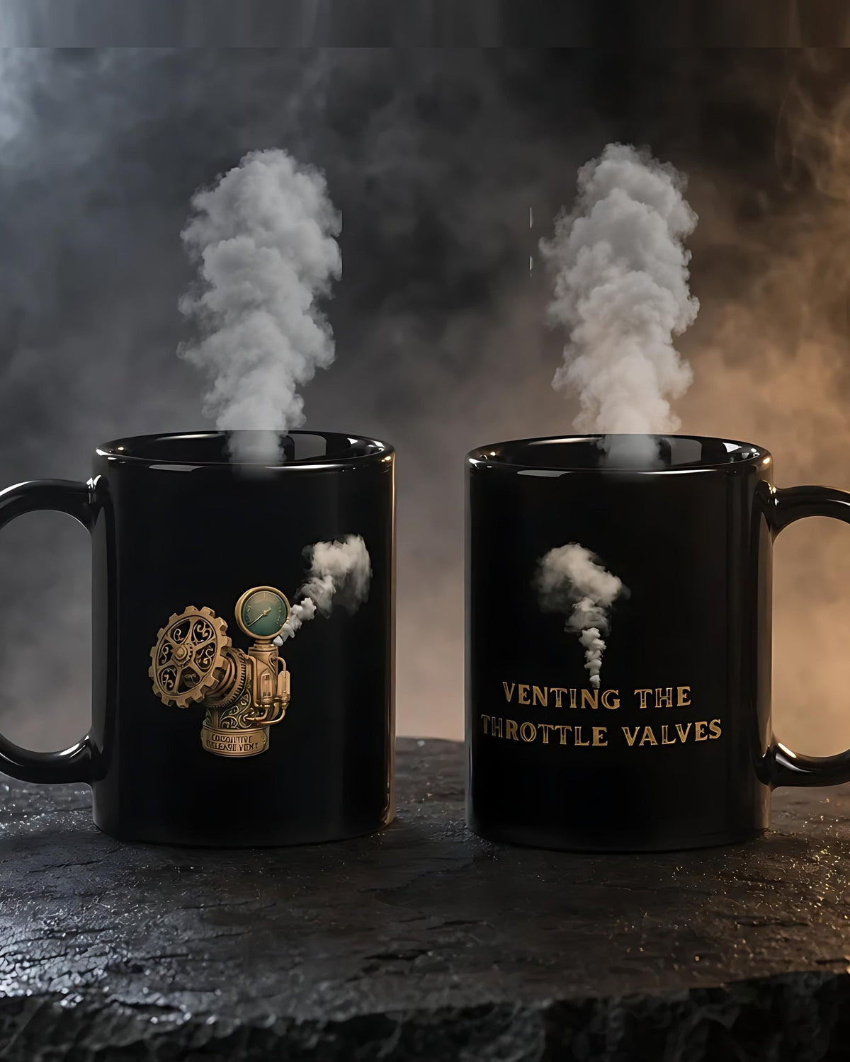 Two black steampunk mugs on dark wet slate with steam rising from both