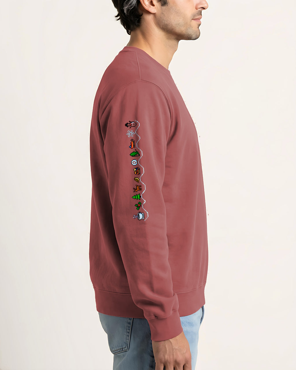 Christmas Sleeve Glitch sweatshirt worn, side view showing the printed sleeve, Crimson