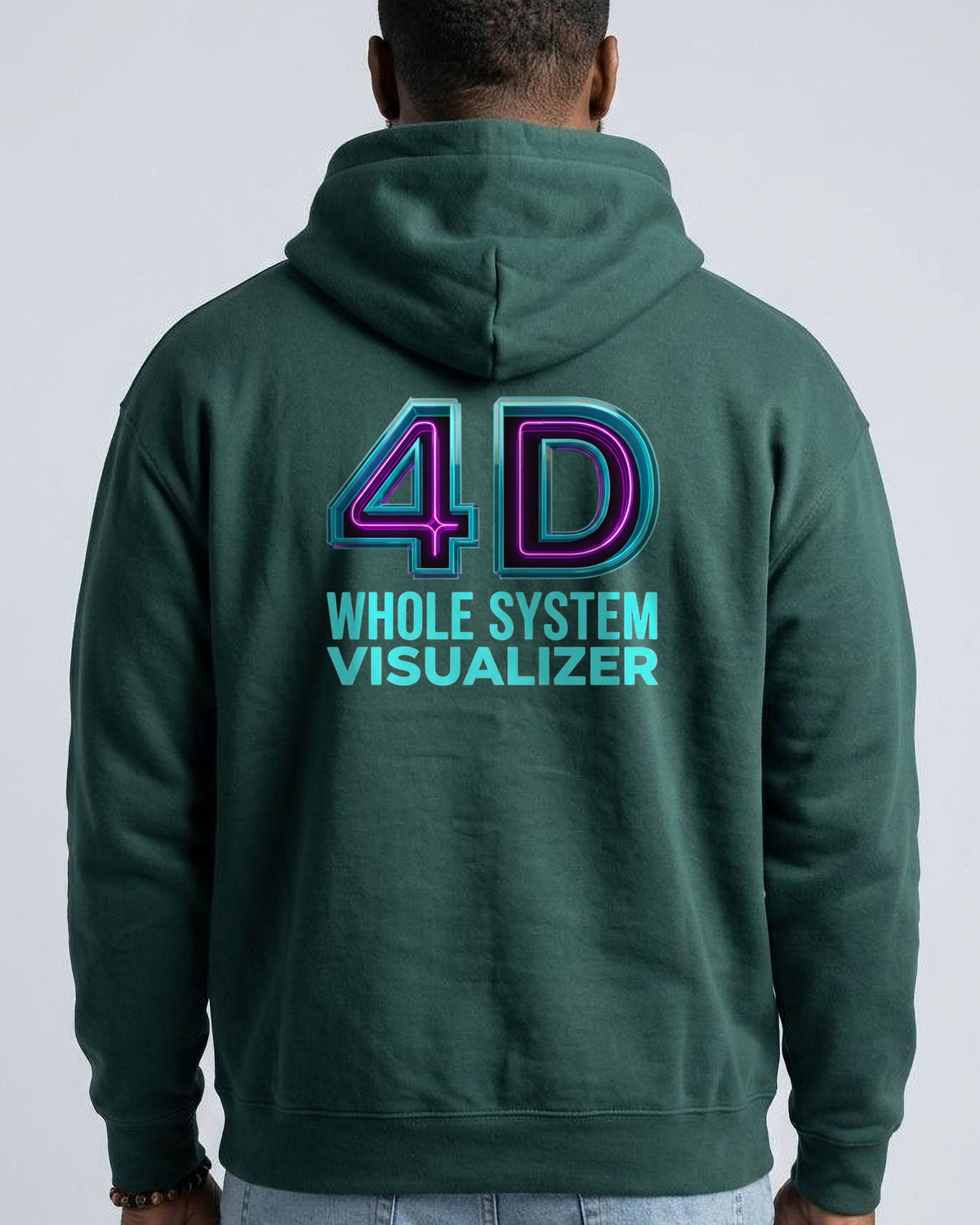 4D Whole System Visualizer oversized hoodie, worn, back view showing the back print