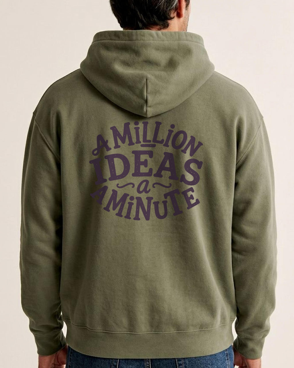 A Million Ideas A Minute oversized hoodie, worn, back view showing the back print