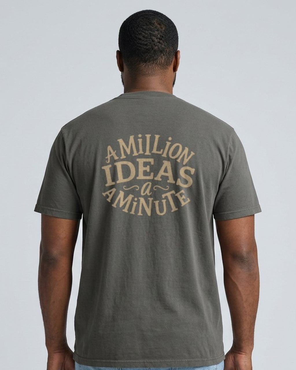 A Million Ideas A Minute tee in Pepper, worn, back view showing the back print
