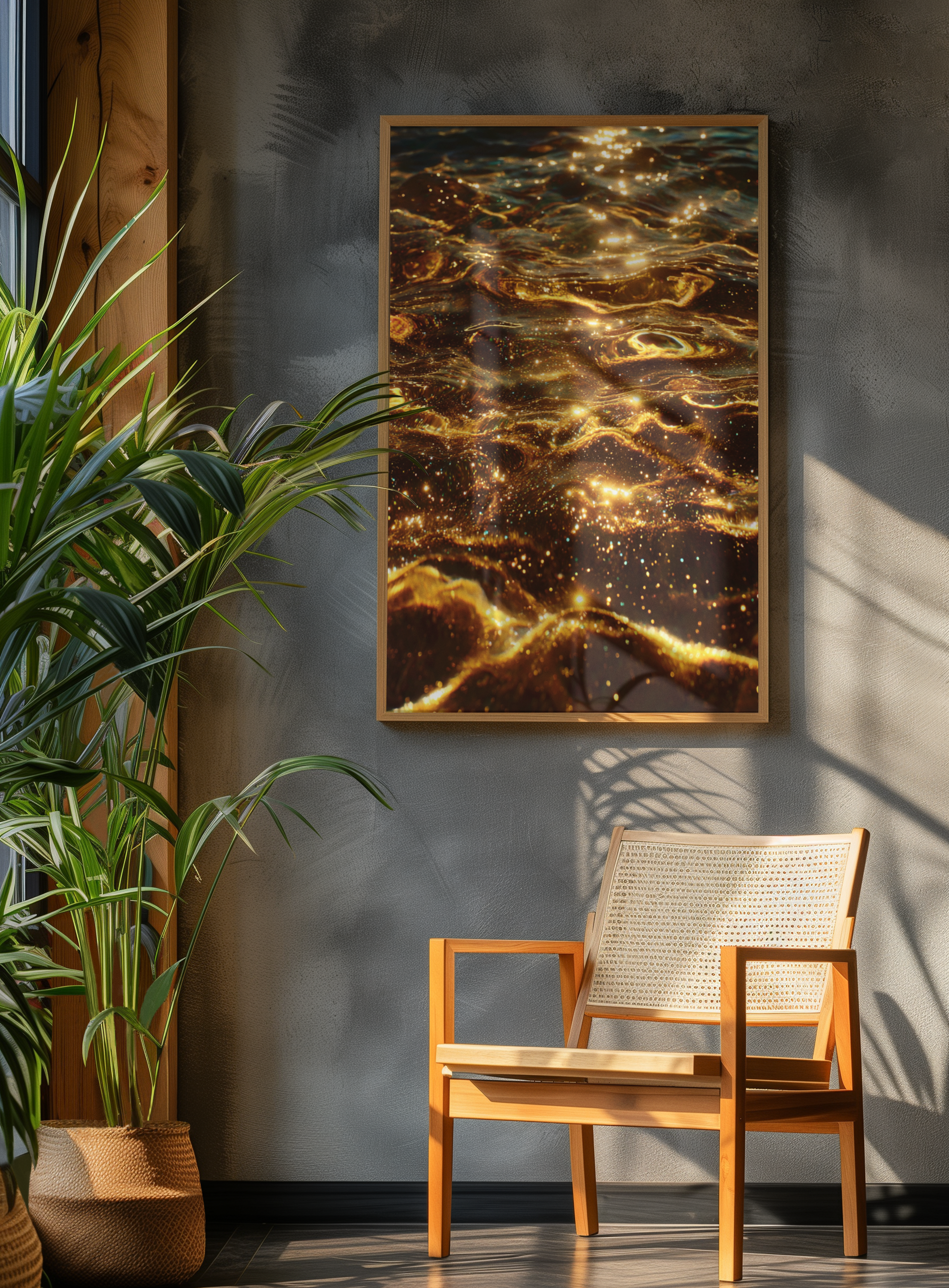 Golden Glassy Water | Semi-Glossy Poster Framed | Club Dopamine