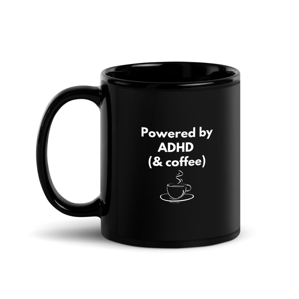 Powered by ADHD (& Coffee) | Black Glossy Mug | The Neurospicy Store 11 oz