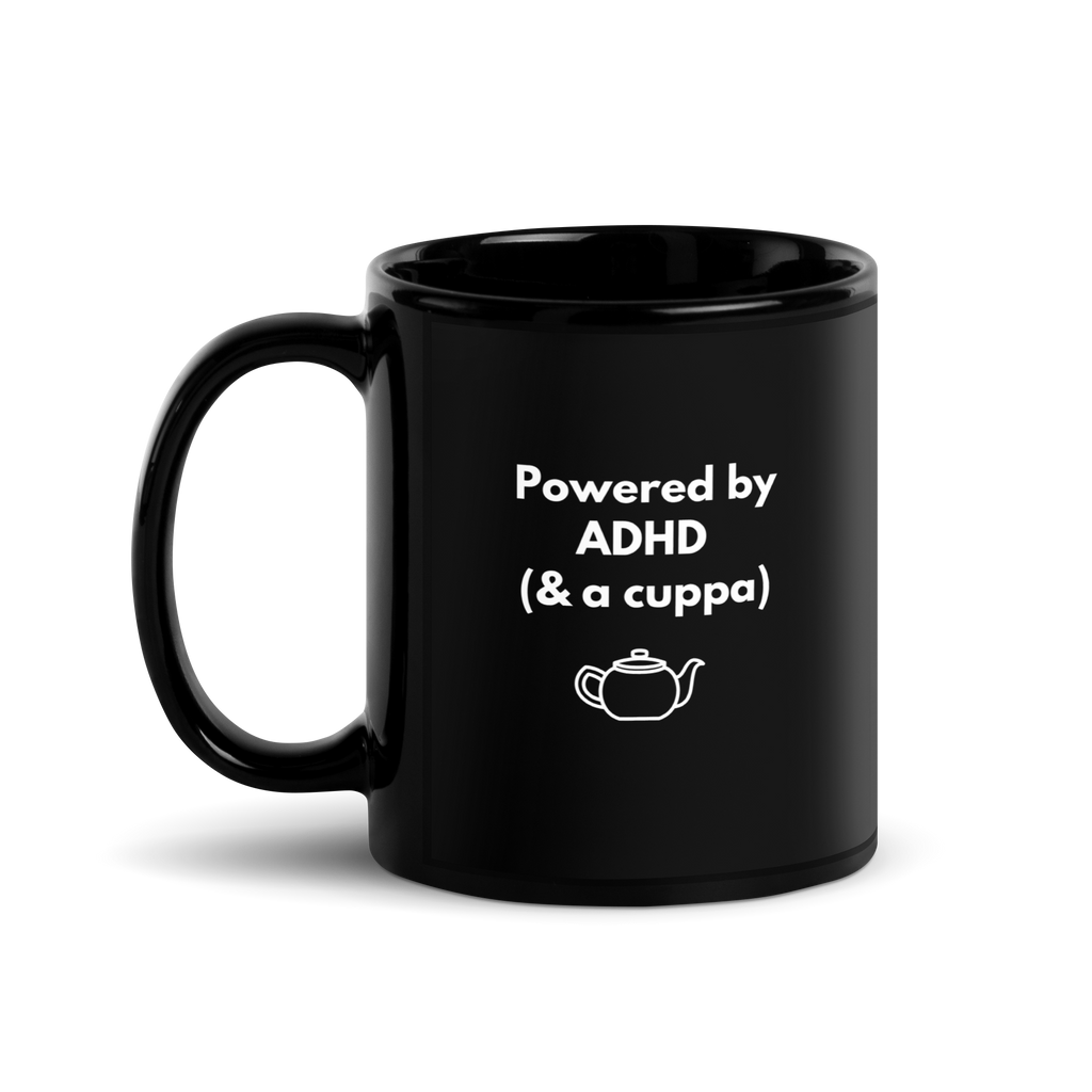 Powered by ADHD (& Cuppa) | Black Glossy Mug | The Neurospicy Store 11 oz