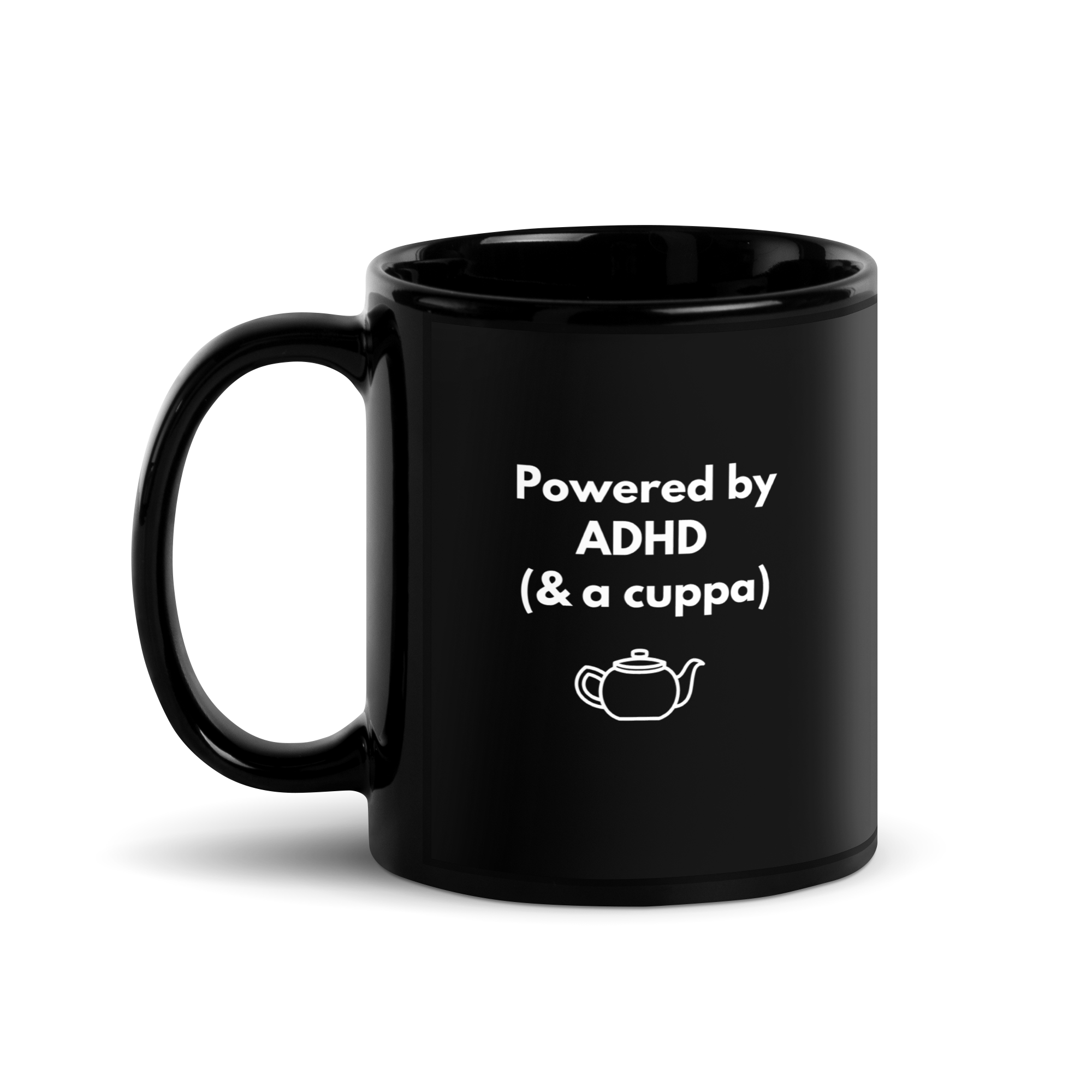 Powered by ADHD (& Cuppa) | Black Glossy Mug | The Neurospicy Store 11 oz