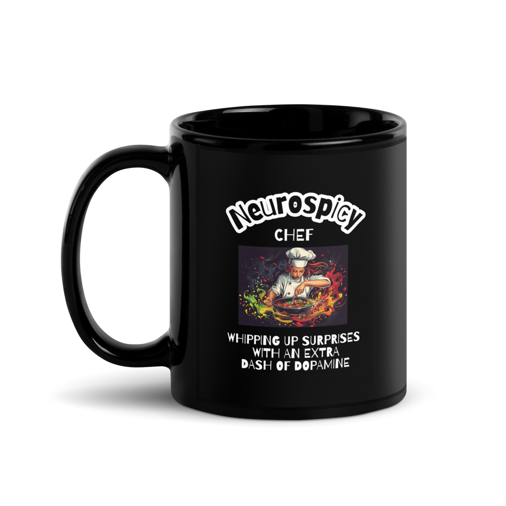 Neurospicy Chef |Black Glossy Mug | Dopamine Brain Gift black-glossy-mug-black-11-oz-handle-on-left-67d9f5a0a73c4 Kitchen & Dining > Drinkware > Mugs