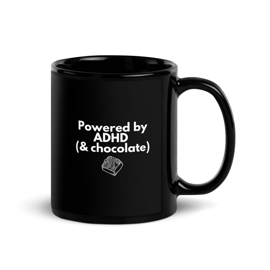 Powered by ADHD (& Chocolate) | Black Glossy Mug | The Neurospicy Store