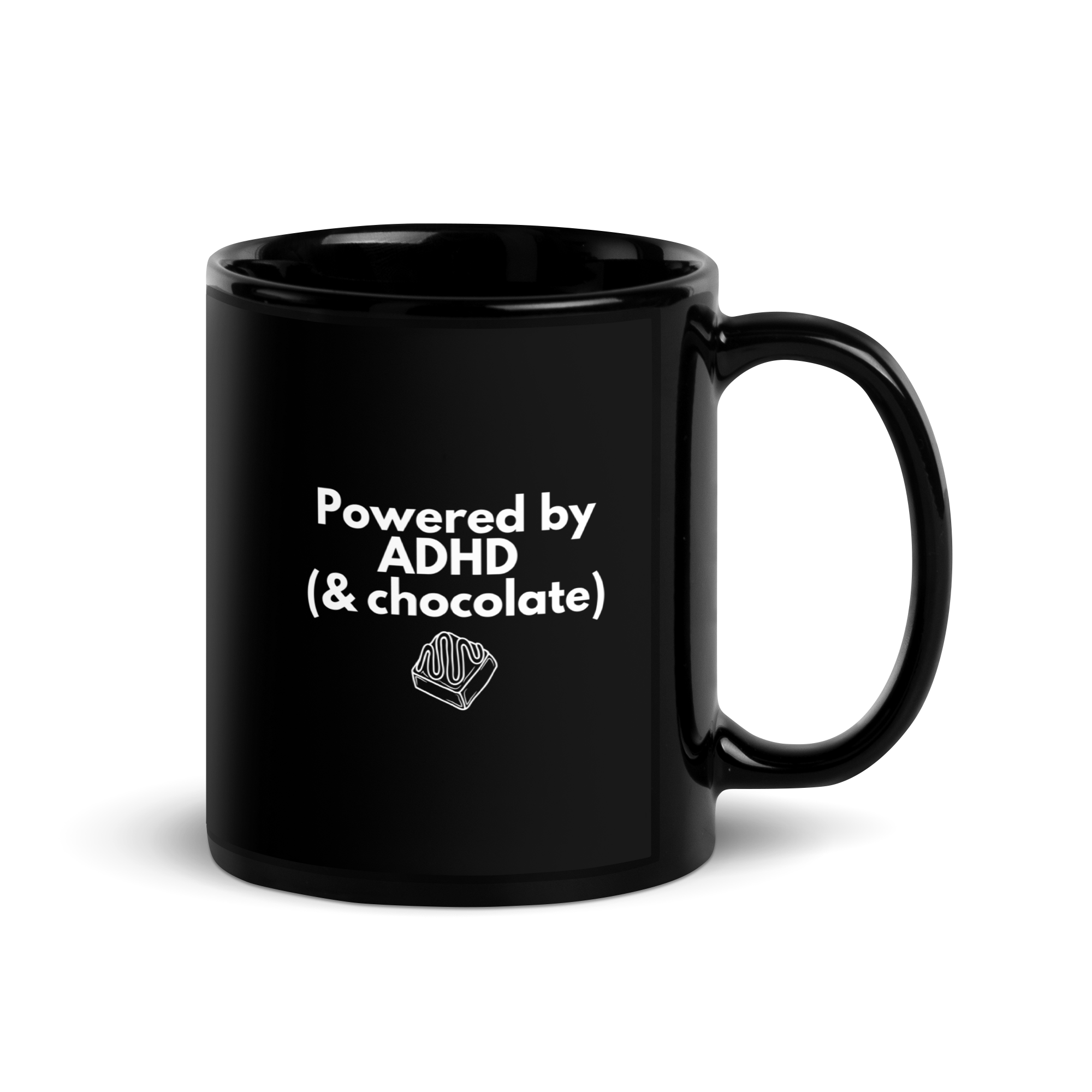 Powered by ADHD (& Chocolate) | Black Glossy Mug | The Neurospicy Store