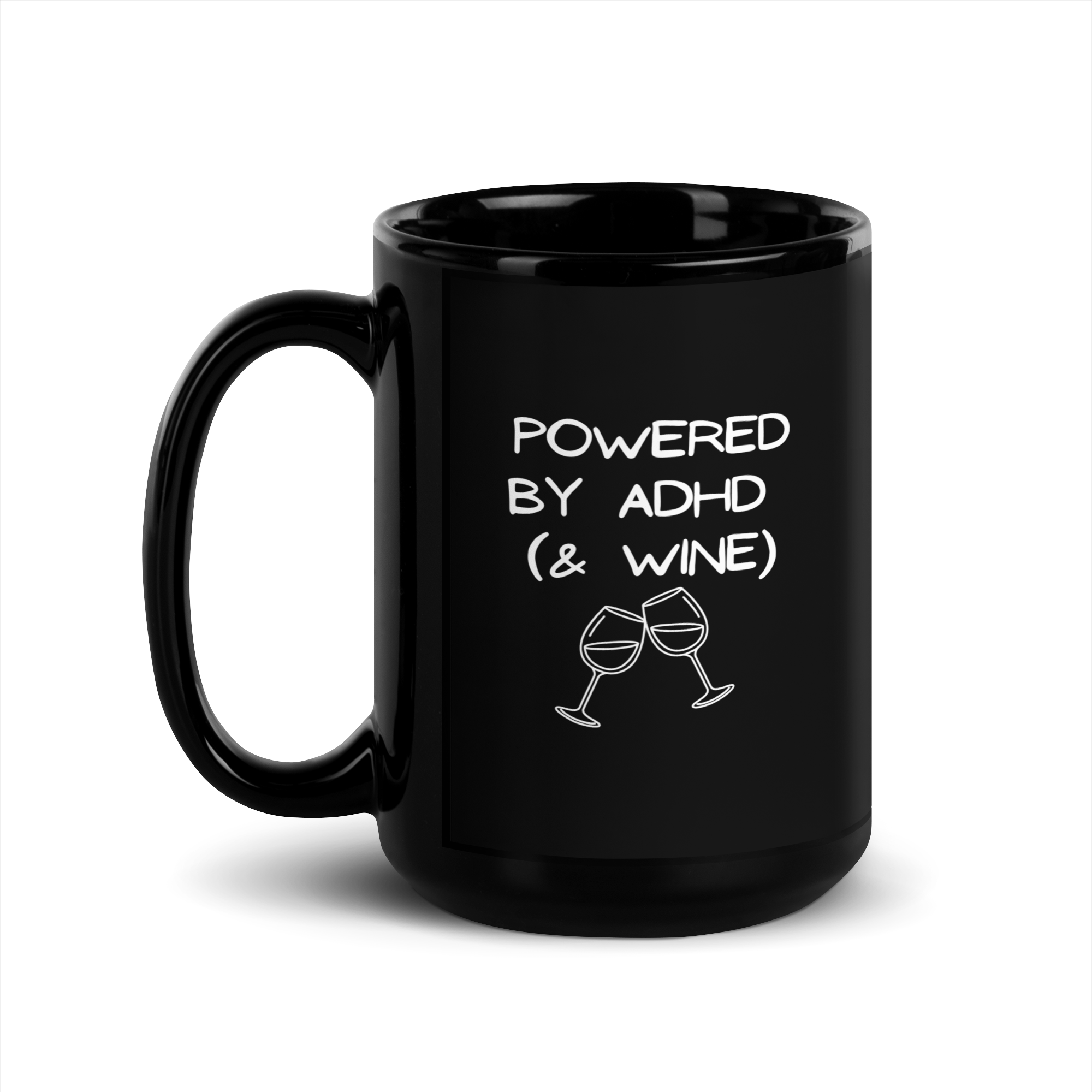 Powered by ADHD (& Wine) | Black Glossy Mug | The Neurospicy Store 15 oz