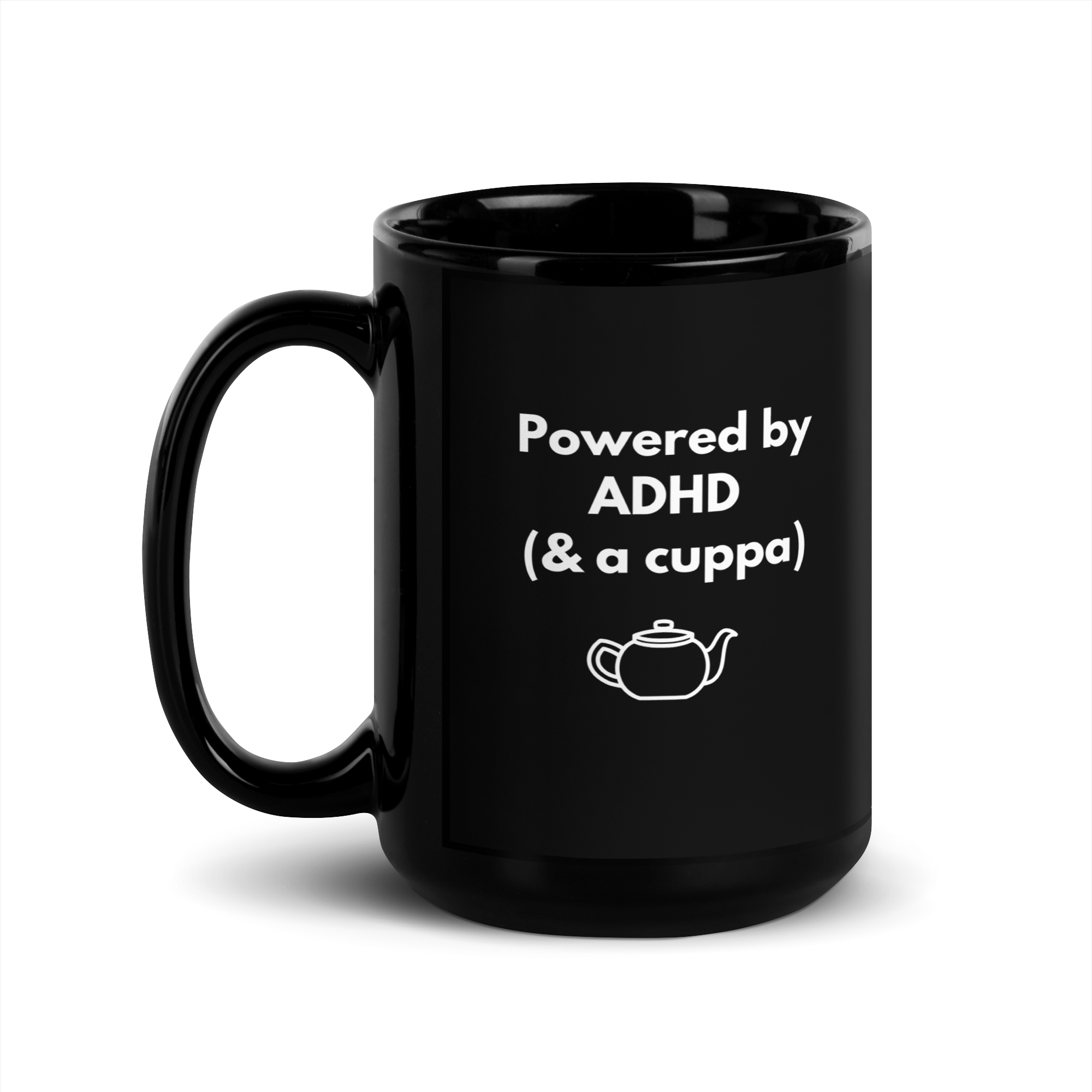 Powered by ADHD (& Cuppa) | Black Glossy Mug | The Neurospicy Store 15 oz
