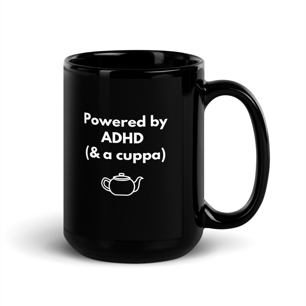 Powered by ADHD (& Cuppa) | Black Glossy Mug | The Neurospicy Store