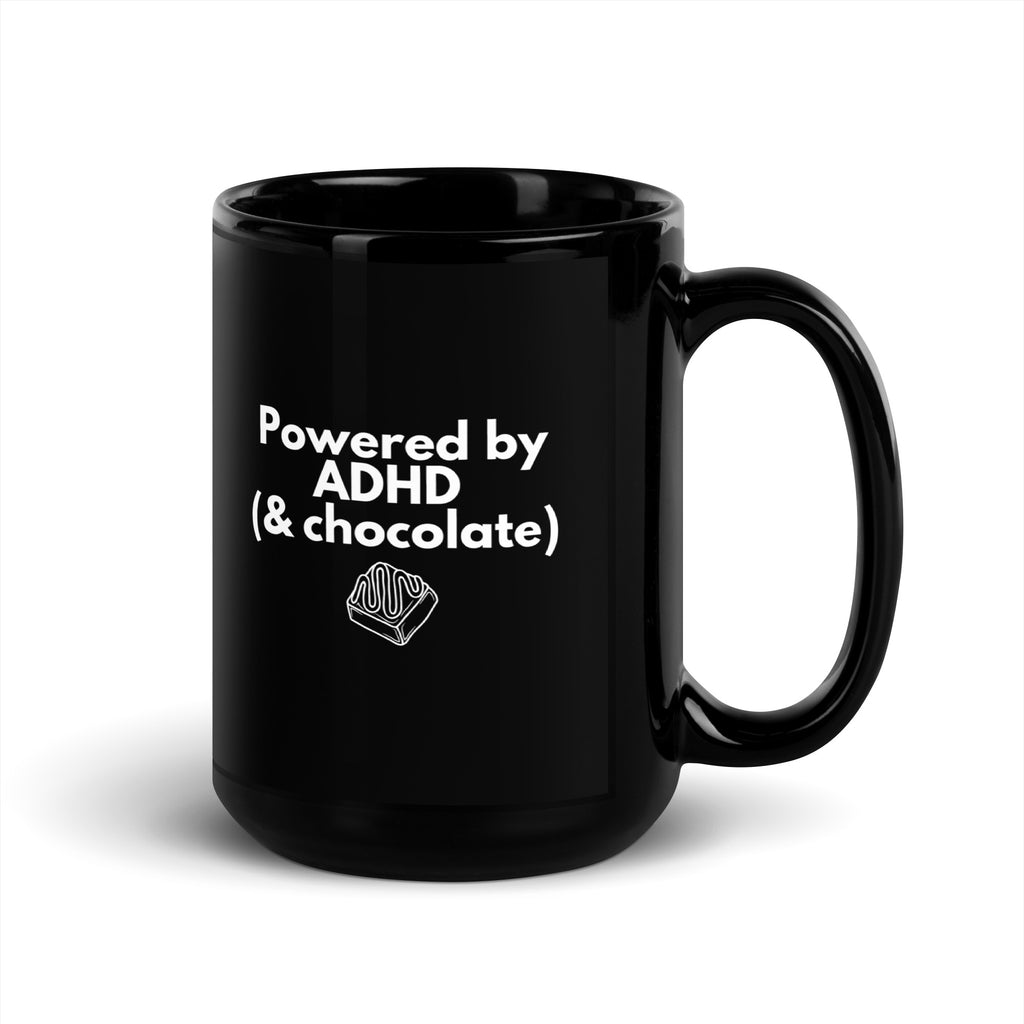Powered by ADHD (& Chocolate) | Black Glossy Mug | The Neurospicy Store