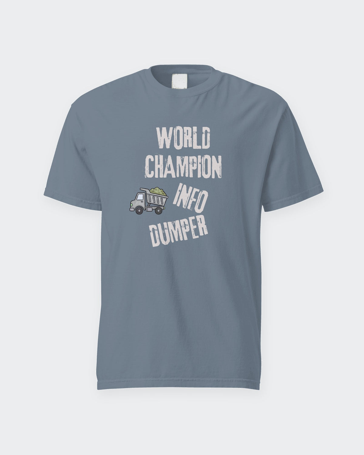 Champion Info-Dumper tee in Blue Jean, flat front view of the print