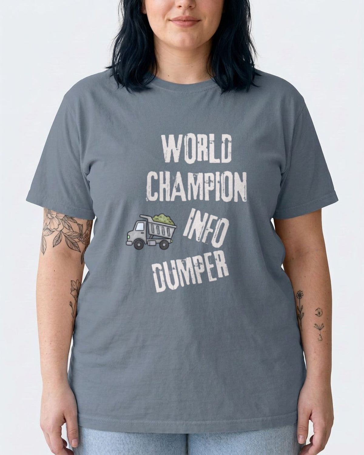 Champion Info-Dumper tee in Blue Jean, worn, front view showing the print