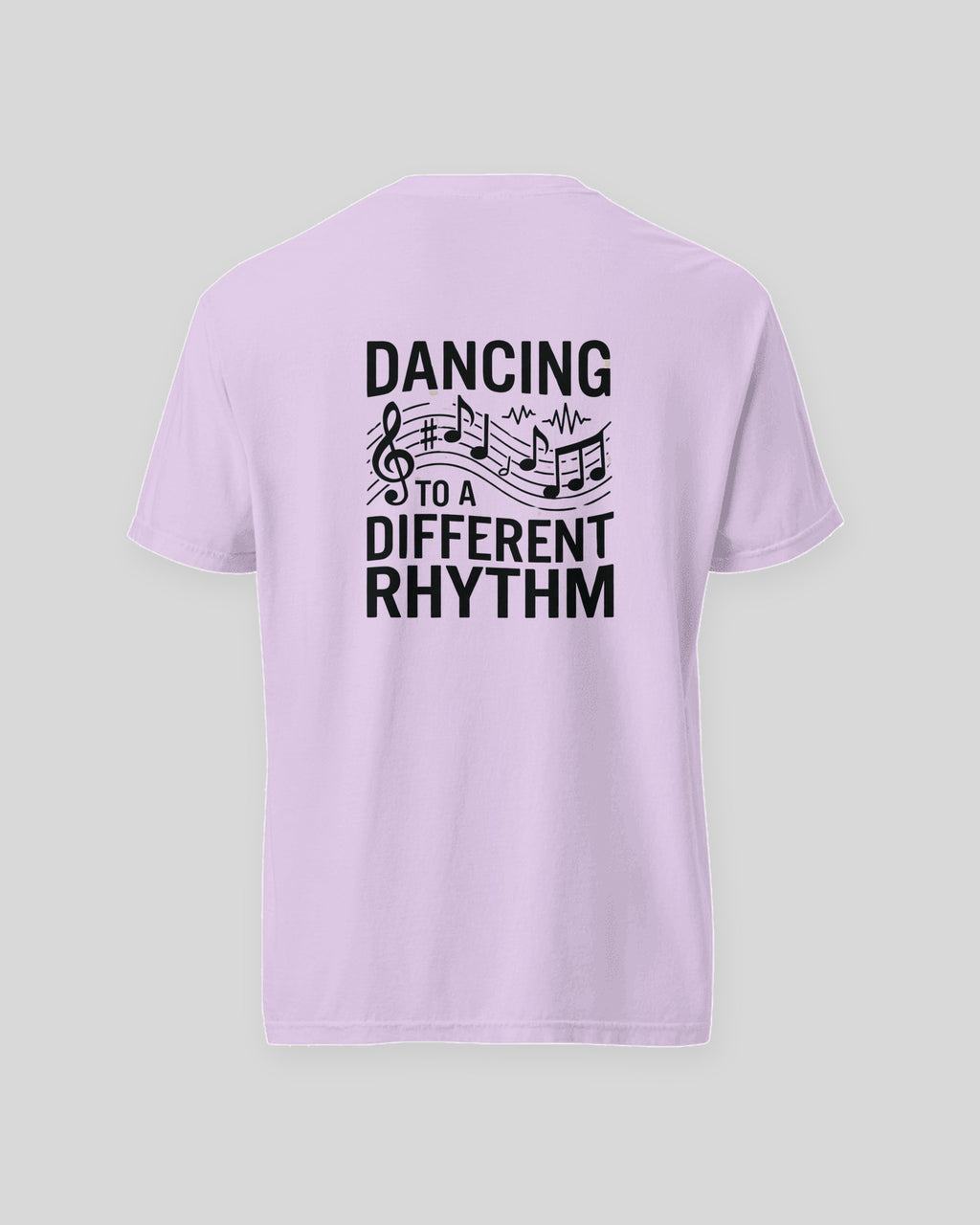 Dancing to a Different Rhythm tee in Orchid, flat back view of the print