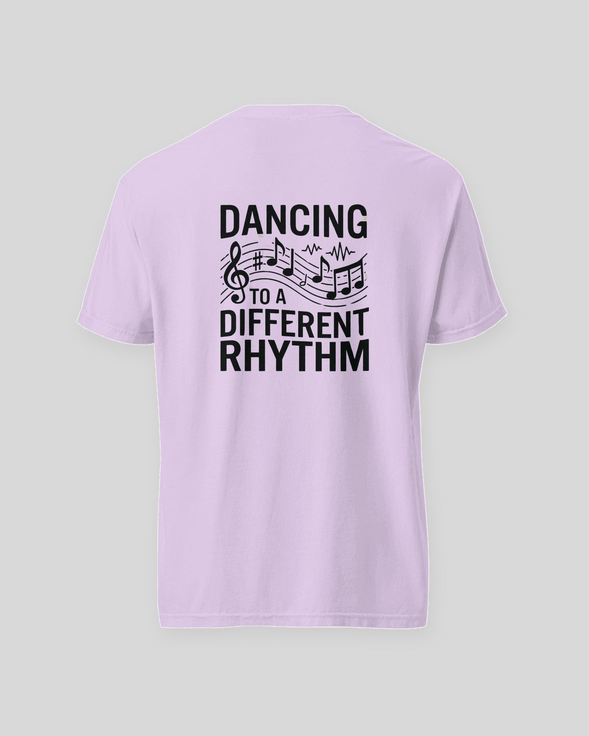 Dancing to a Different Rhythm tee in Orchid, flat back view of the print