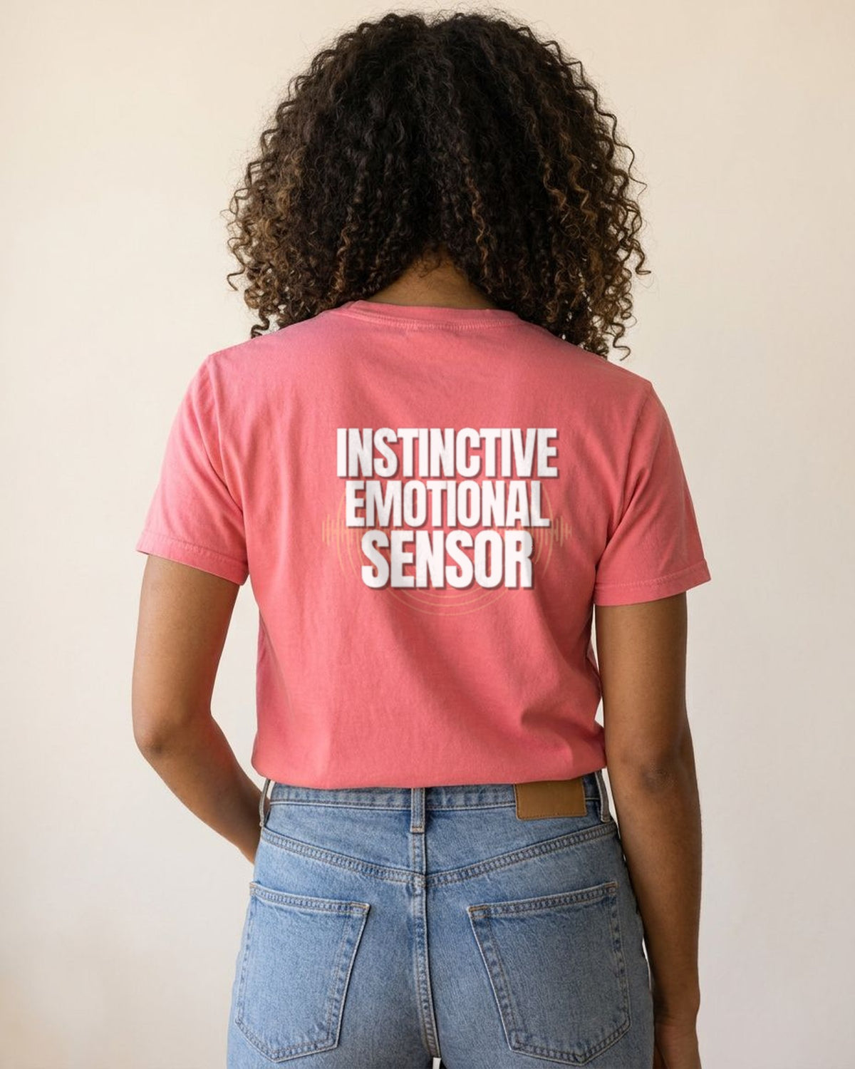 Instinctive Emotional Sensor tee in Crunchberry, worn, back view showing the back print