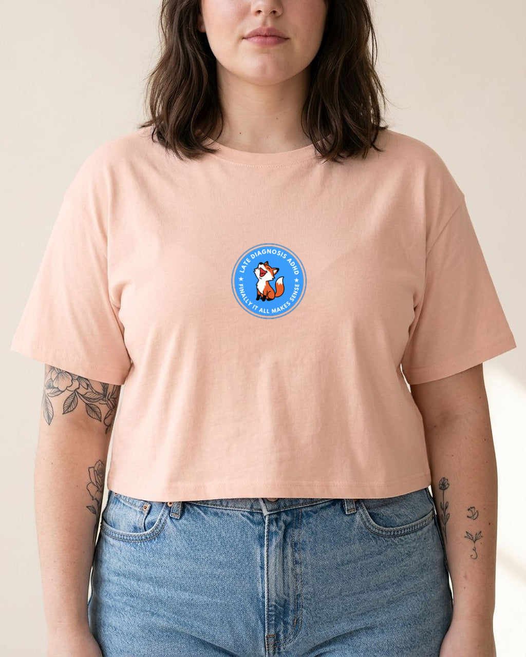 Finally ... ADHD embroidered crop top in Pale Pink, worn, full view