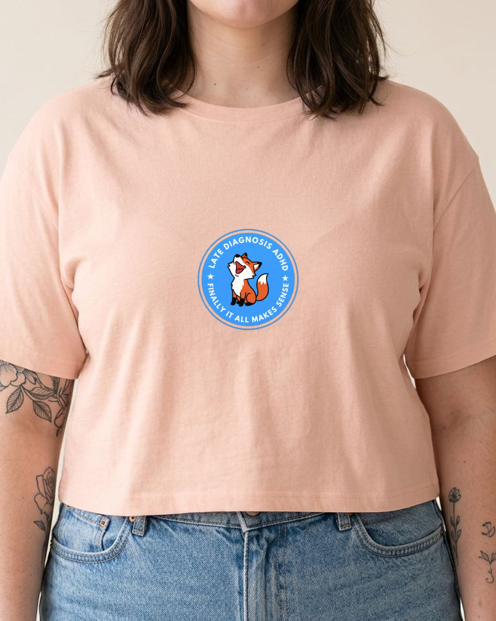 Finally ... ADHD embroidered crop top in Pale Pink, worn, close-up of the embroidery