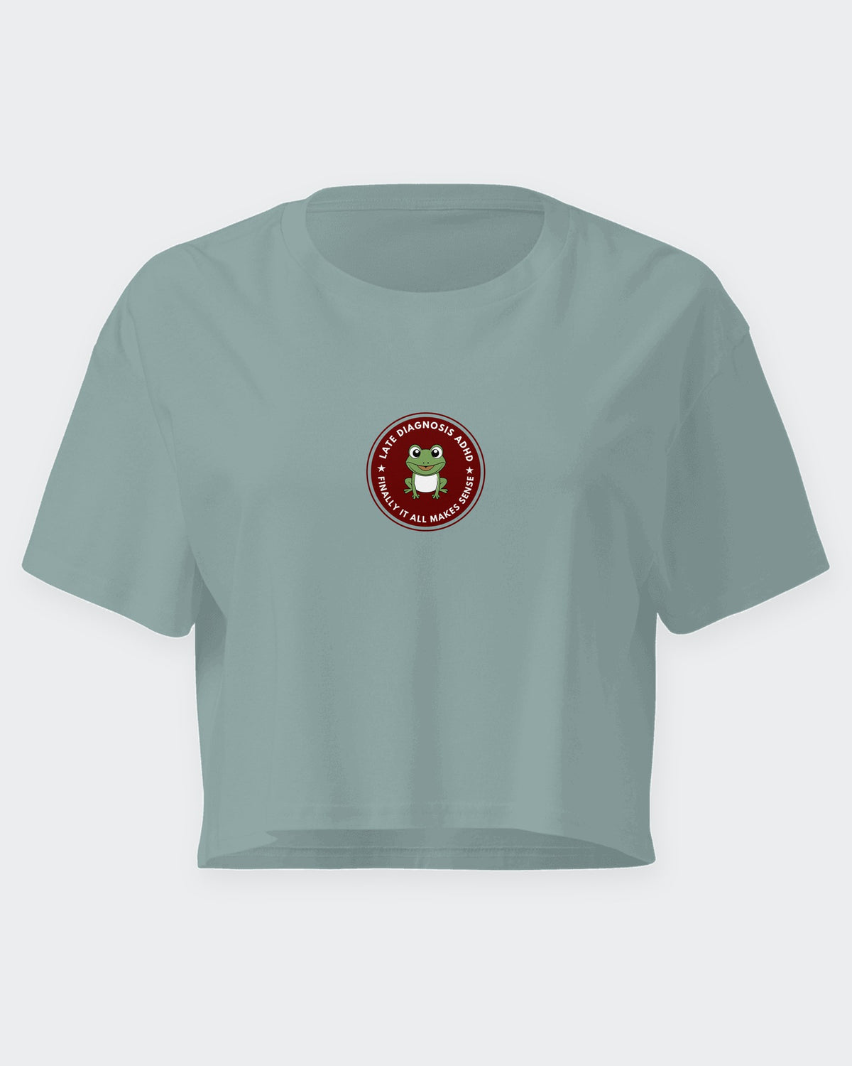 Finally ... ADHD embroidered crop top in Mineral, flat front view