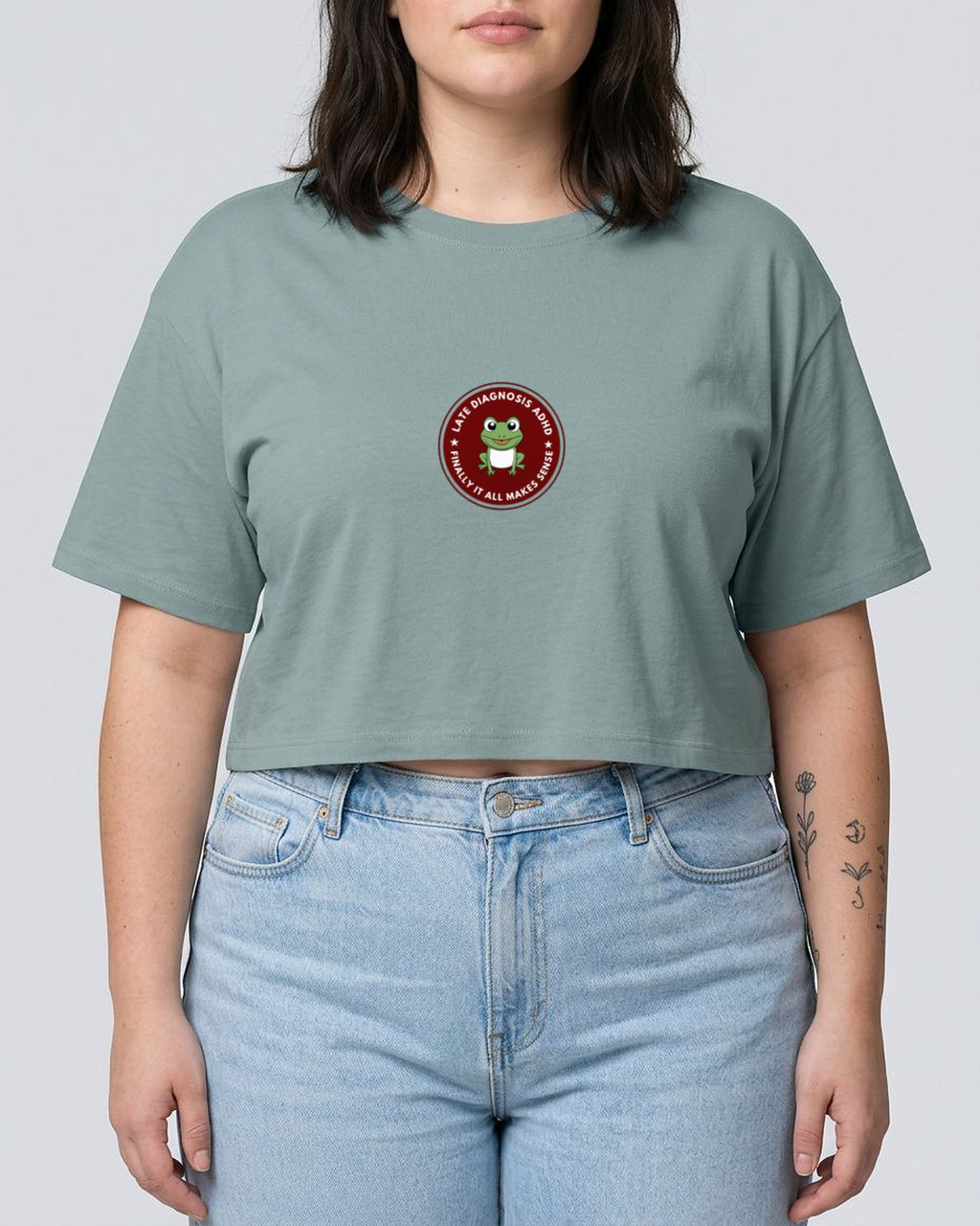 Finally ... ADHD embroidered crop top in Mineral, worn, full view
