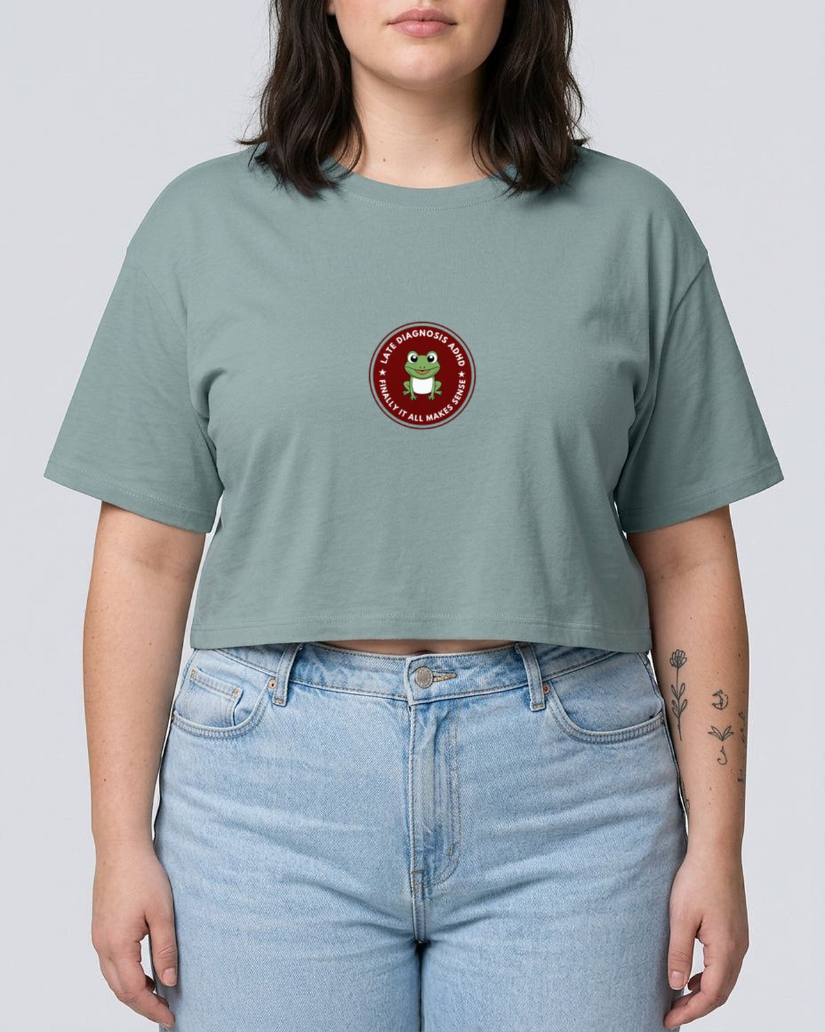 Finally ... ADHD embroidered crop top in Mineral, worn, full view