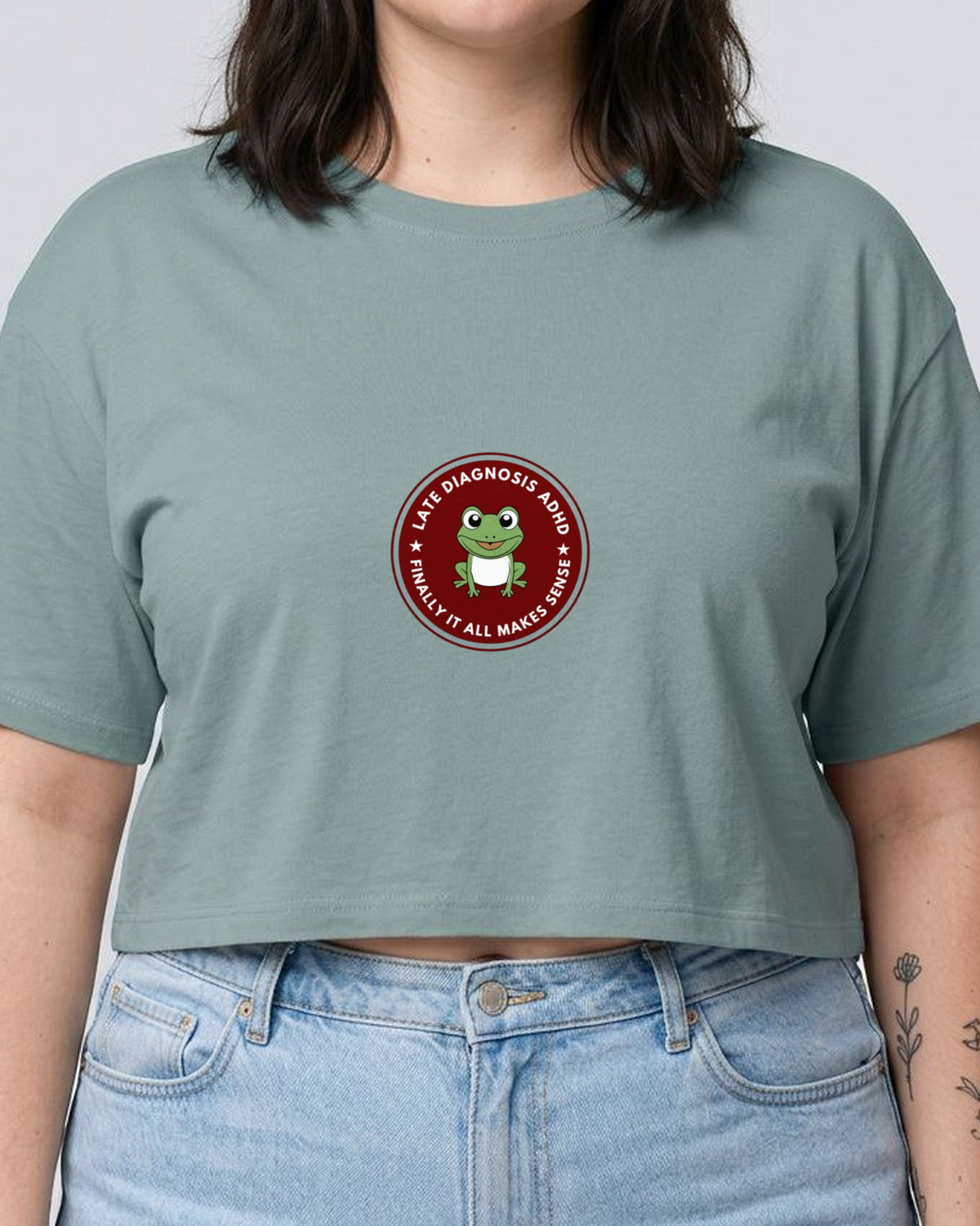 Finally ... ADHD embroidered crop top in Mineral, worn, close-up of the embroidery