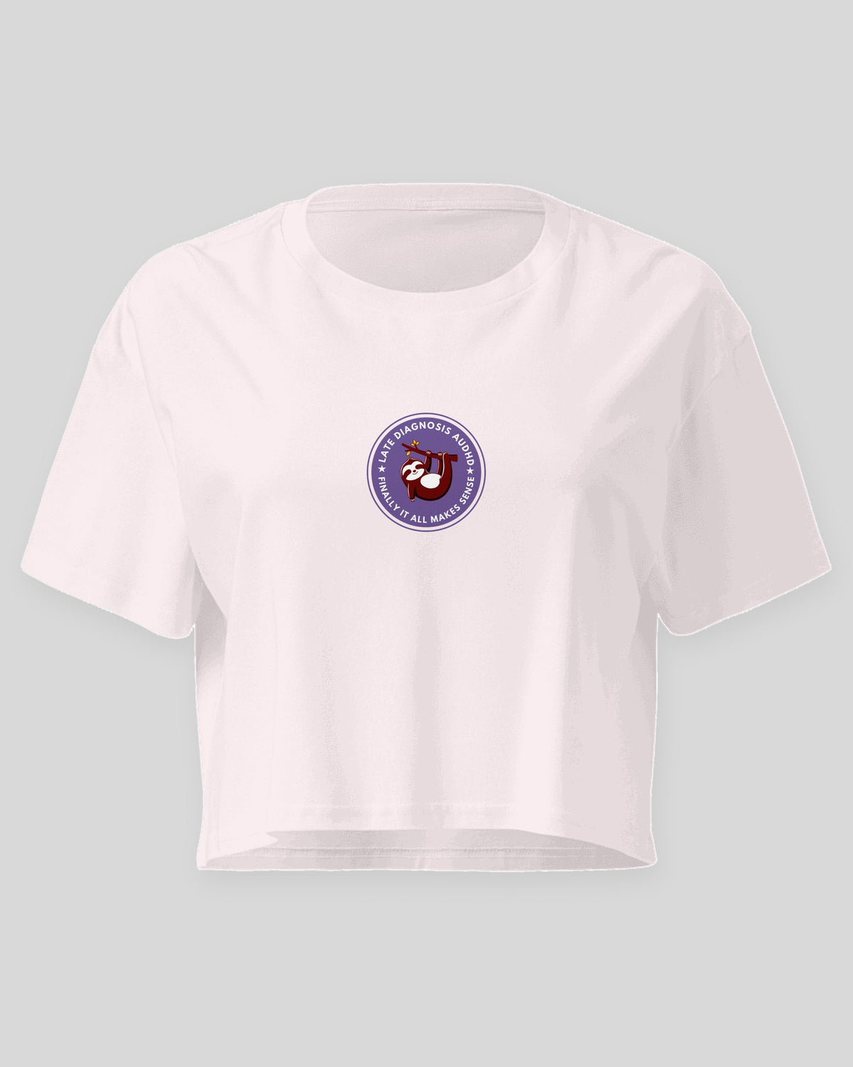 Finally ... AuDHD embroidered crop top in Orchid, flat front view