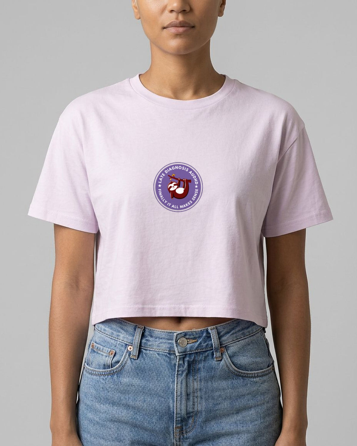 Finally ... AuDHD embroidered crop top in Orchid, worn, full view