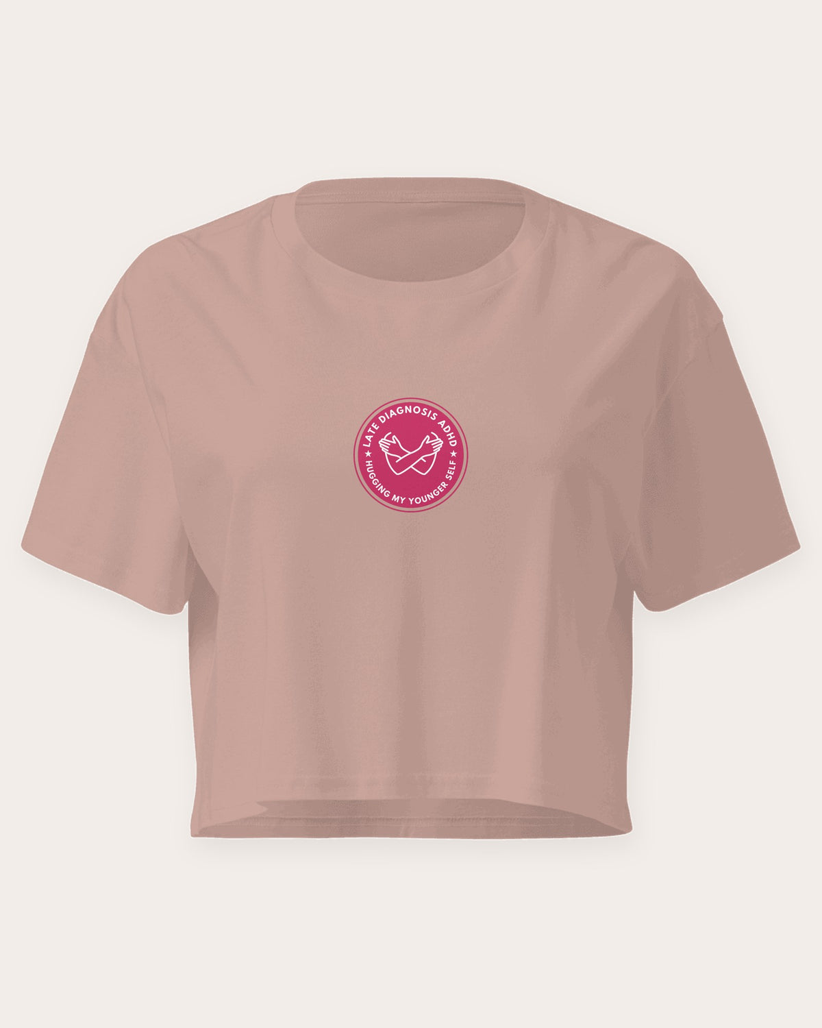 Hugging ... ADHD embroidered crop top in Hazy Pink, flat front view