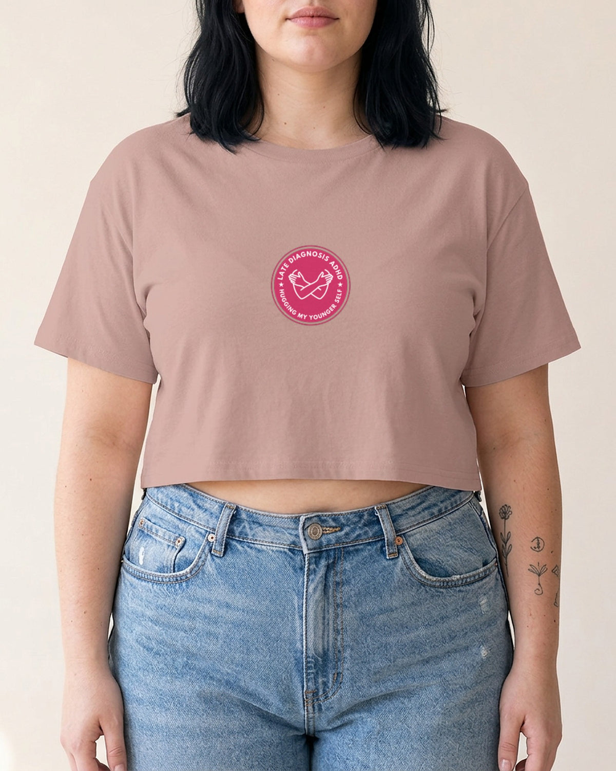 Hugging ... ADHD embroidered crop top in Hazy Pink, worn, full view