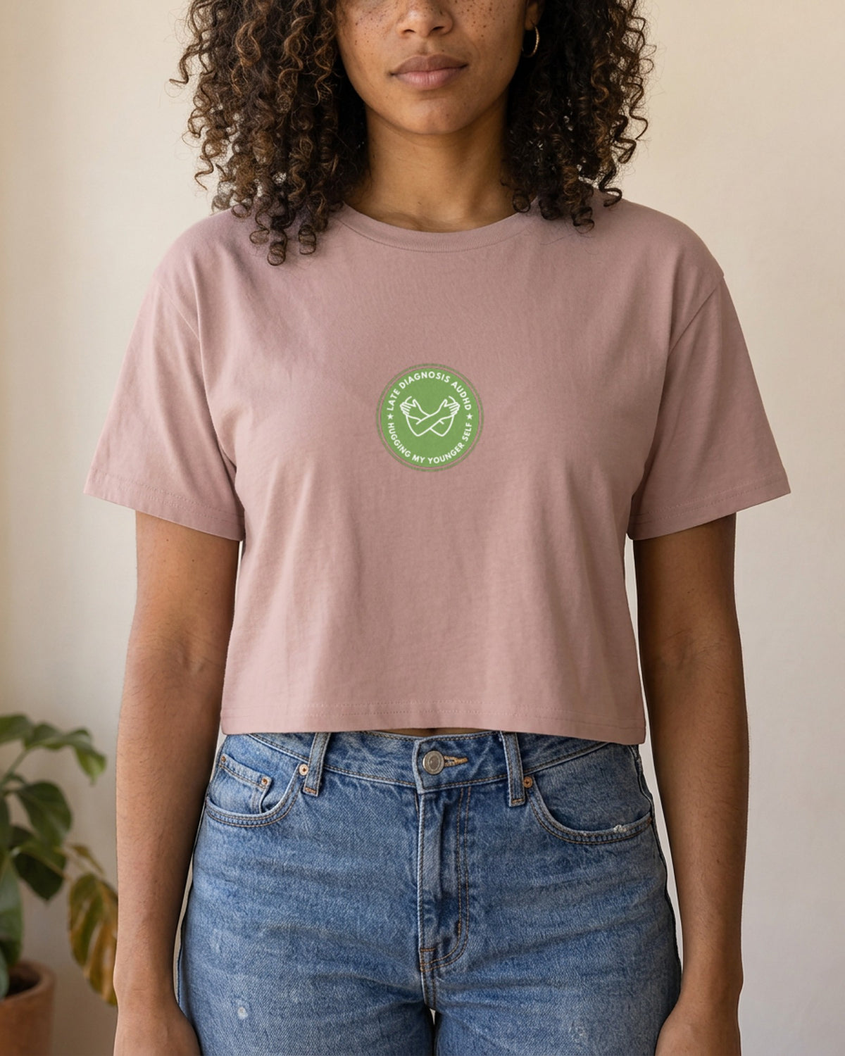 Hugging ... AuDHD embroidered crop top in Hazy Pink, worn, full view