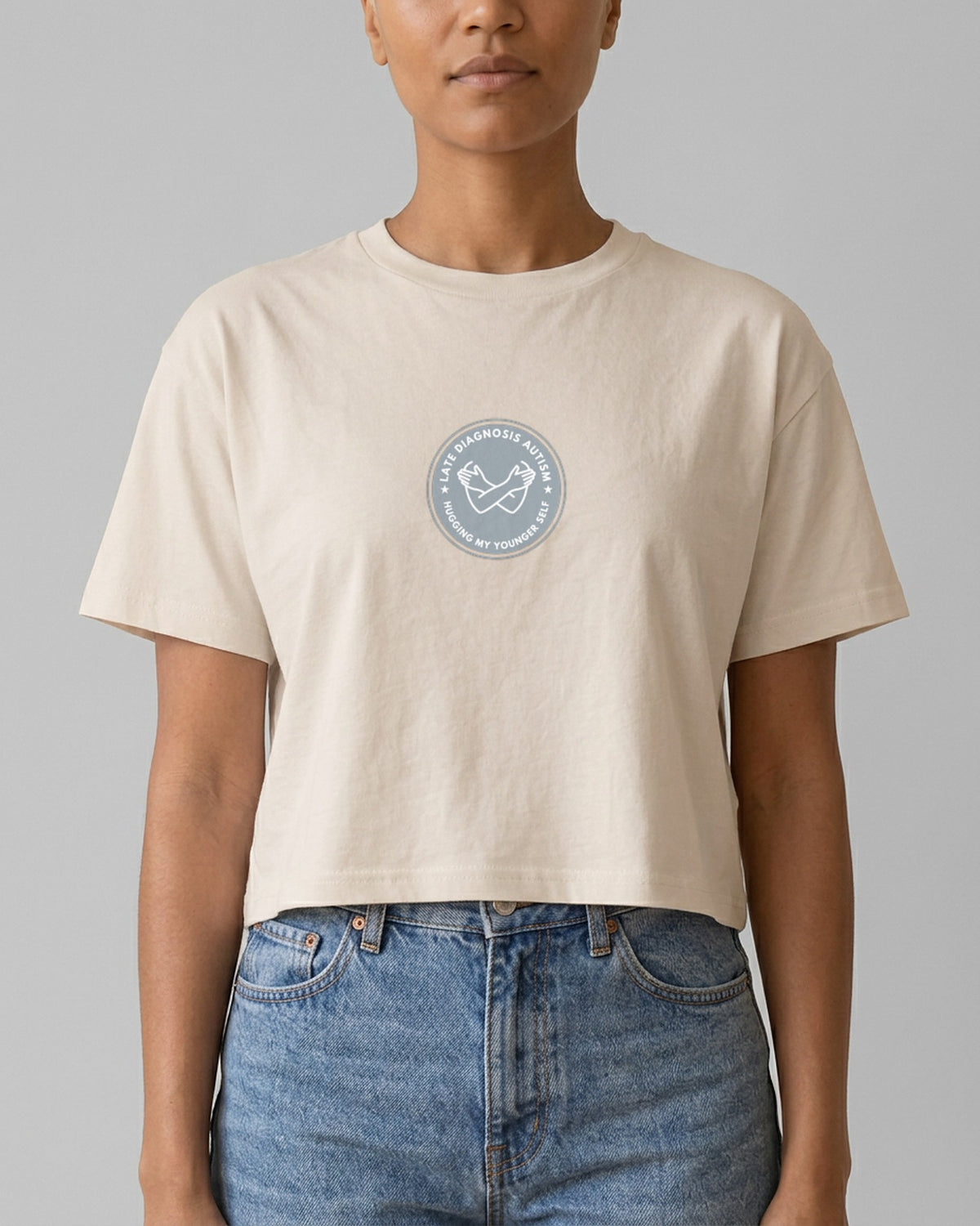 Hugging ... Autism embroidered crop top in Bone, worn, full view