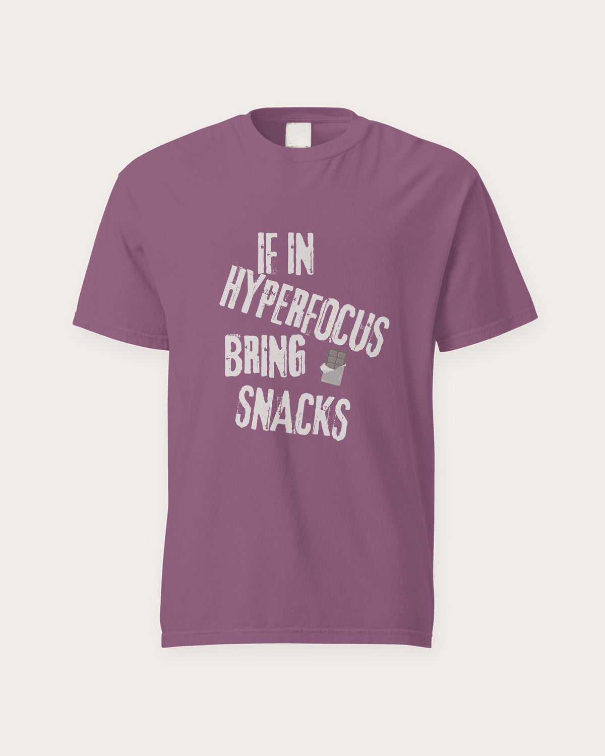 If in Hyperfocus, Bring Snacks tee in Berry, flat front view of the print