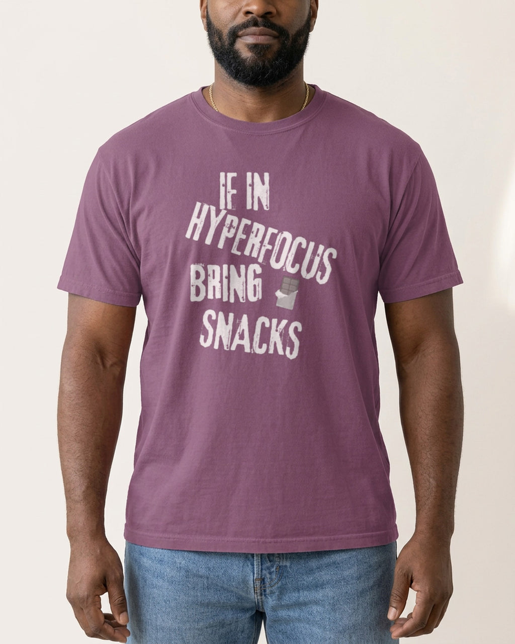 If in Hyperfocus, Bring Snacks tee in Berry, worn, front view showing the print