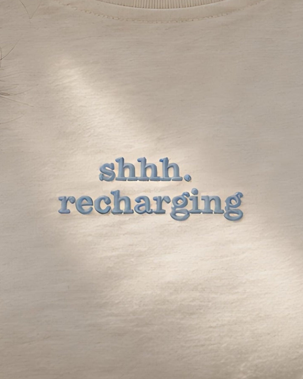 Close-up of the "Shhh. Recharging" slogan