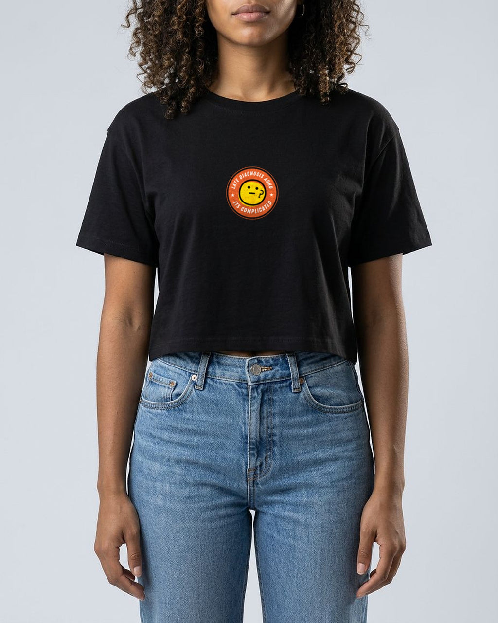 It's Complicated (ADHD) embroidered crop top in Black, worn, full view