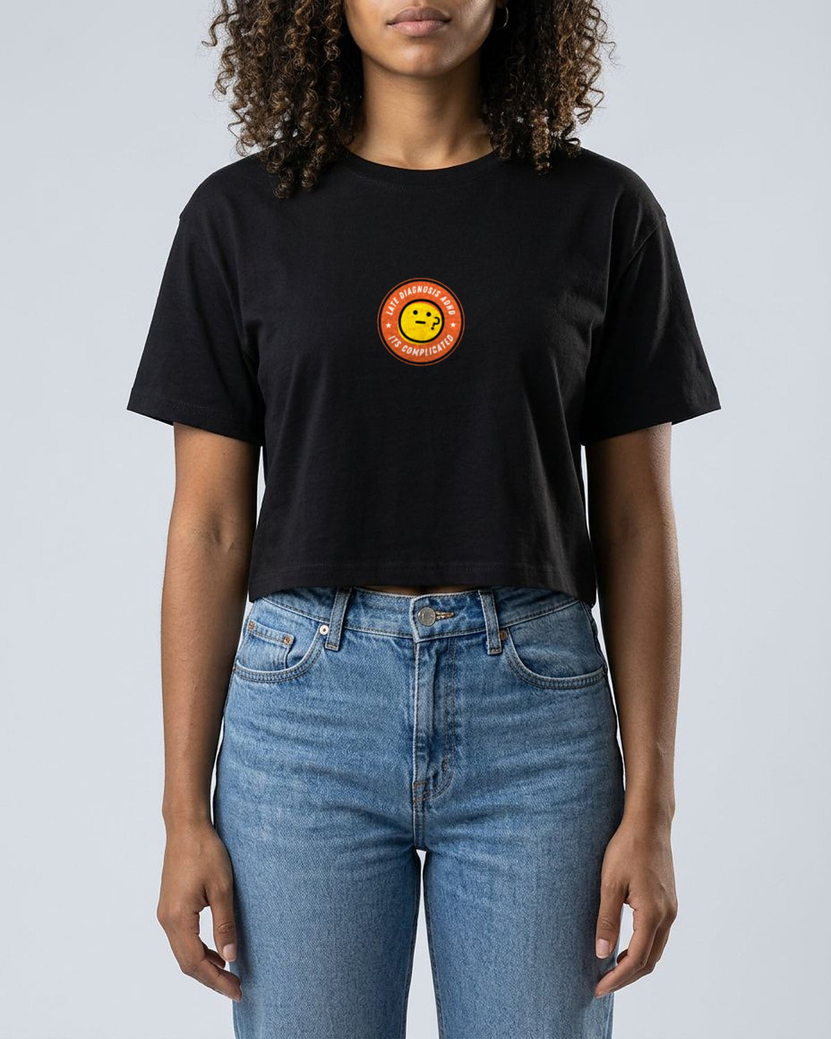 It's Complicated (ADHD) embroidered crop top in Black, worn, full view
