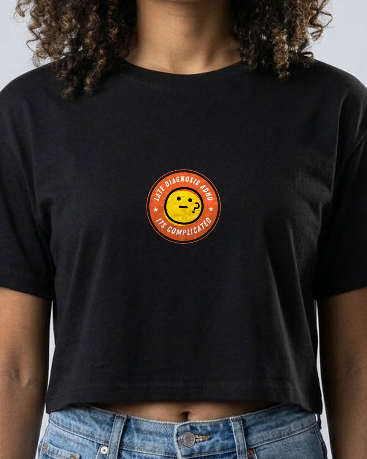 It's Complicated (ADHD) embroidered crop top in Black, worn, close-up of the embroidery
