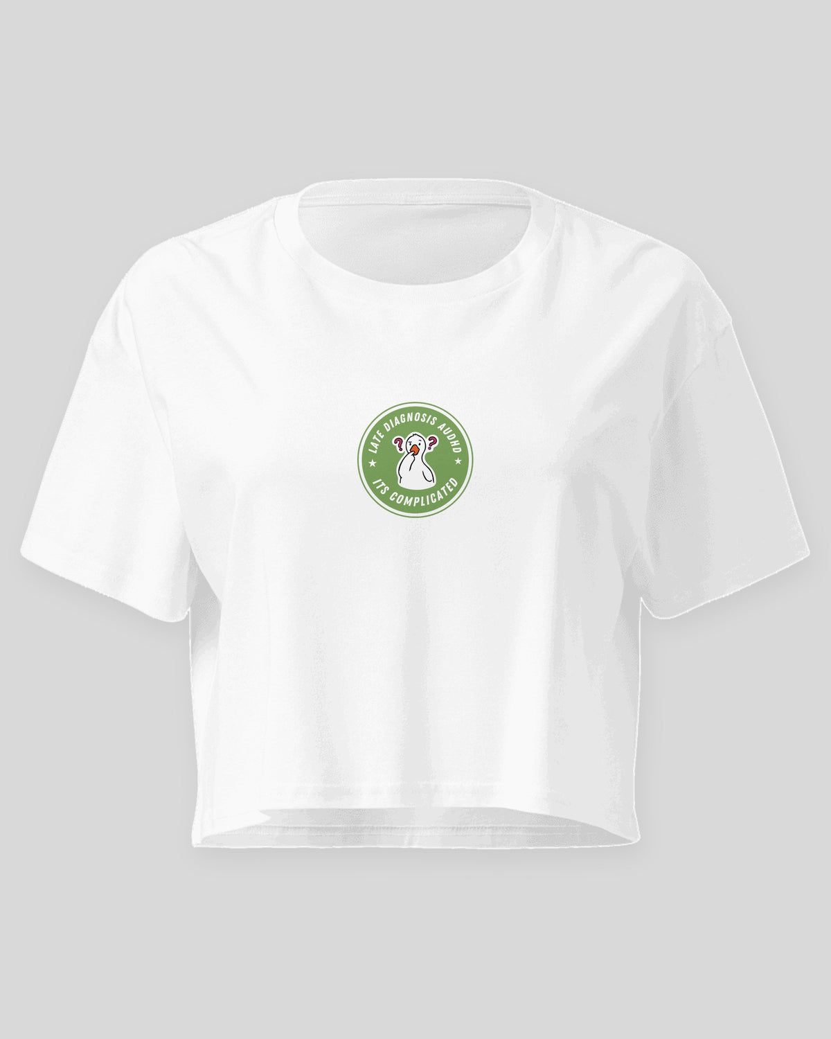 It's Complicated (AuDHD) embroidered crop top in White, flat front view