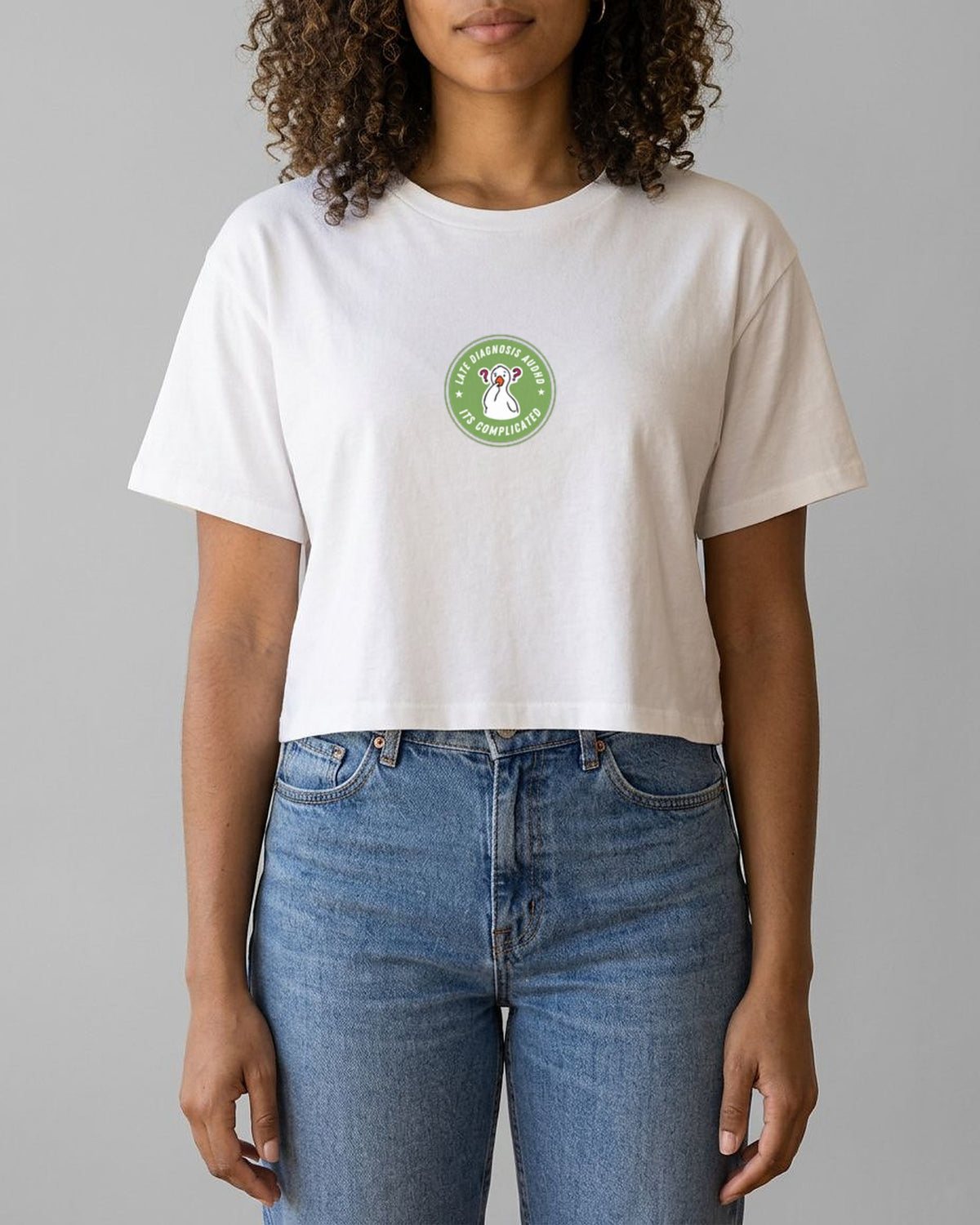 It's Complicated (AuDHD) embroidered crop top in White, worn, full view