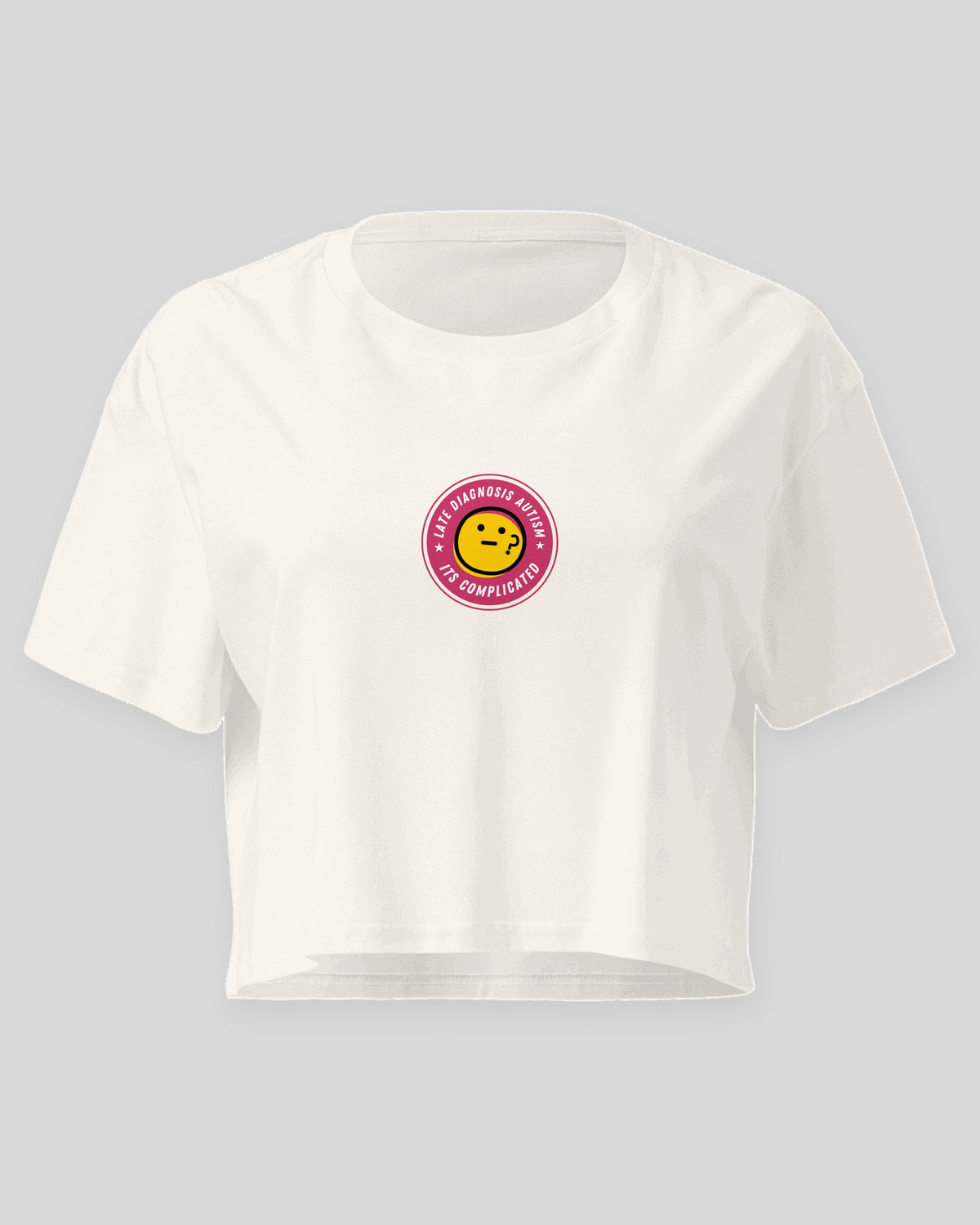 It's Complicated Autism embroidered crop top in Ecru, flat front view