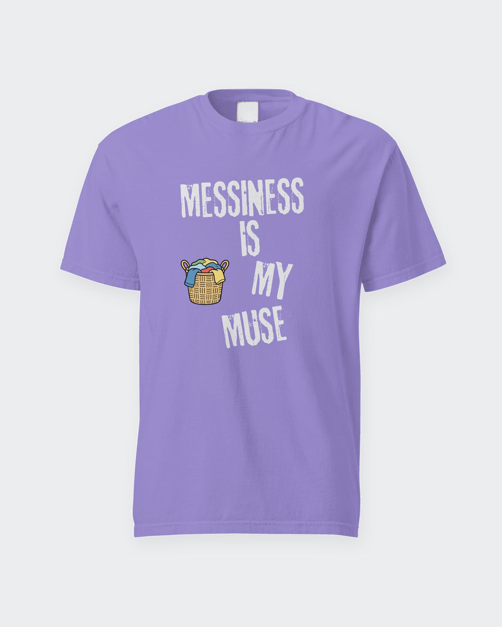 Messiness is My Muse tee in Violet, flat front view of the print
