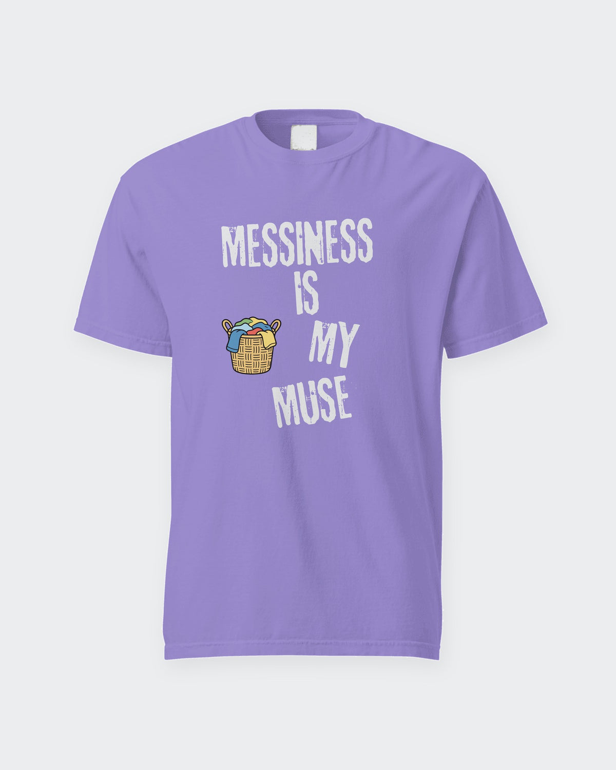 Messiness is My Muse tee in Violet, flat front view of the print