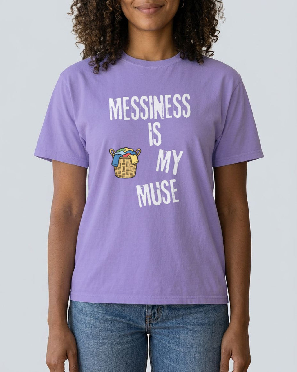 Messiness is My Muse tee in Violet, worn, front view showing the print