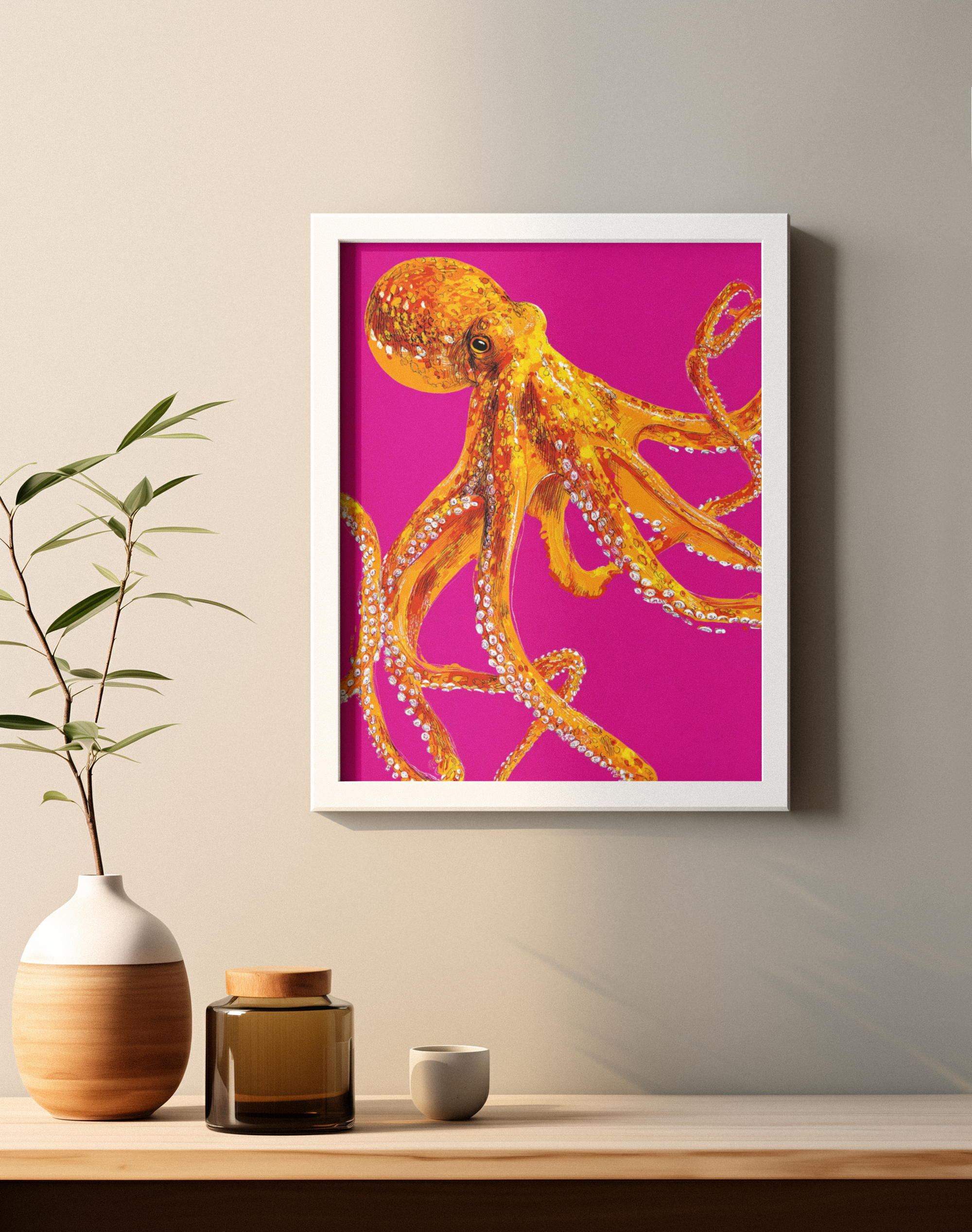 Orange Octopus | Semi-Glossy Poster Framed | Club Dopamine