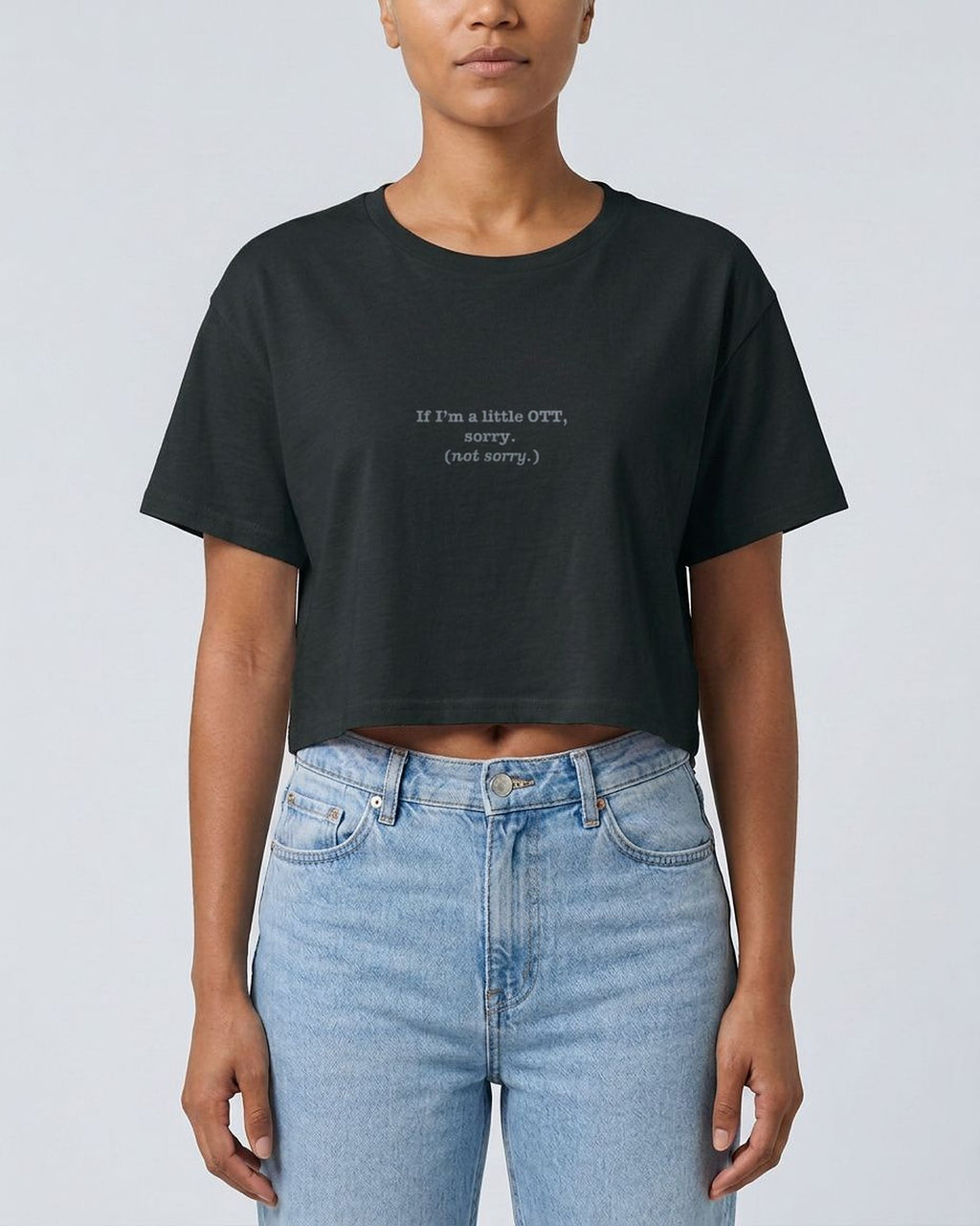 OTT? Sorry (Not Sorry) embroidered crop top in Black, worn, full view