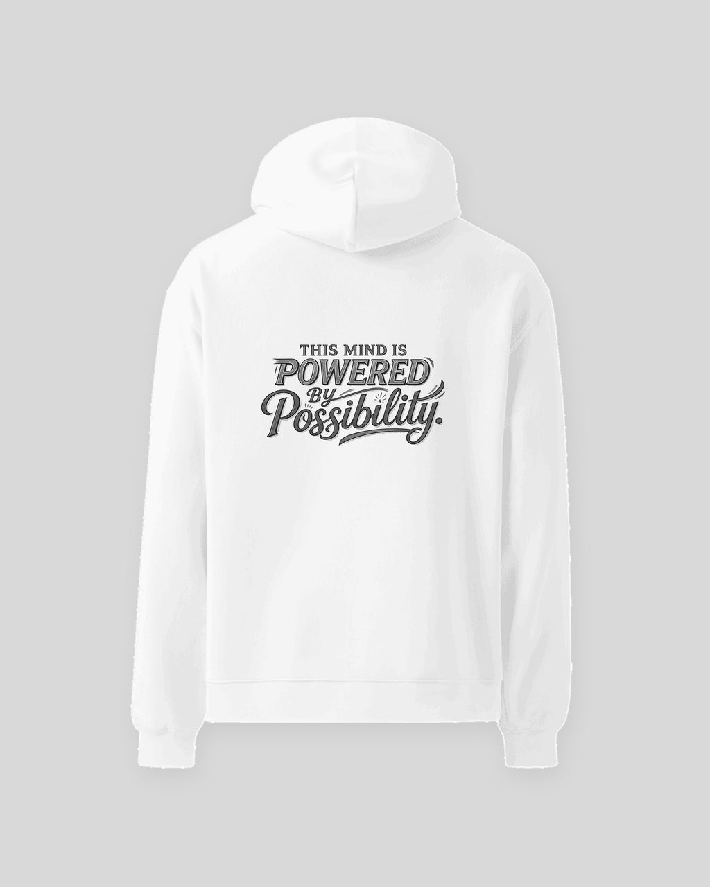 Powered By Possibility oversized hoodie in White, flat back view of the print